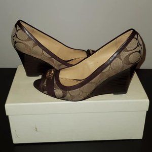Coach Signature Peeptoe Canvas Wedge , size 6.5